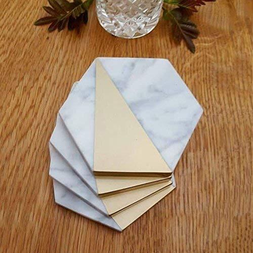 Hexagon White Marble Drink Coasters Gold Home Kitchen Decor Birthday Housewarming Gift - Set of 4