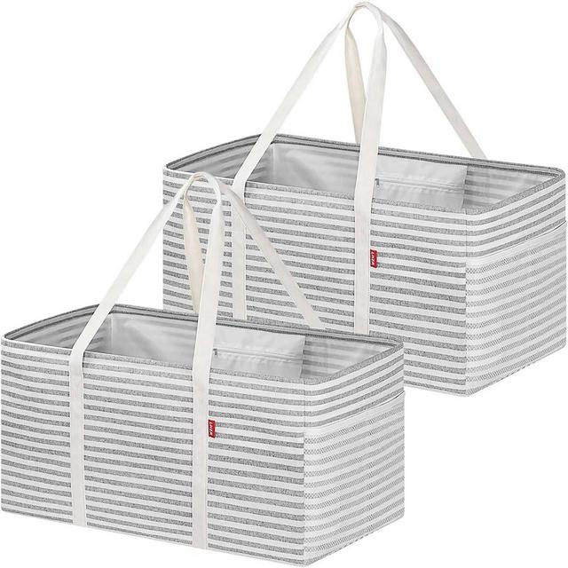 LHZK 2 Pack Extra Large Utility Tote Bag with Metal Wire Frame and the Sides Rinforced, Extra Large Tote Bag with Handle, Reusable Grocery Bags Foldable, Beach Bag, Car Tote (Grey, 26''x15''x13'')