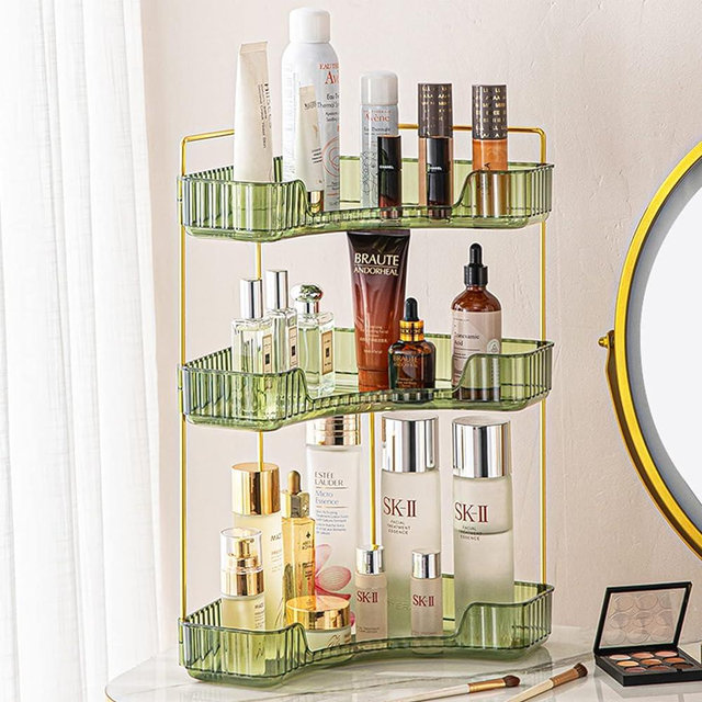 Shuang Qing 3-Tier Corner Bathroom Counter Organizer, Bathroom Countertop Perfume Tray and Vanity Organizer, Makeup Cosmetic Storage, Corner Storage Organizers for Bathroom, Kitchen, Dresser (Green)