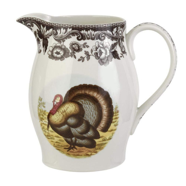 Spode Woodland 3.5 Pint Porcelain Pitcher with Turkey Motif, 56 Oz Large Beverage Pitcher for Thanksgiving - Ideal for Serving Water or Drinks, Dishwasher & Microwave Safe Classic Holiday Serveware