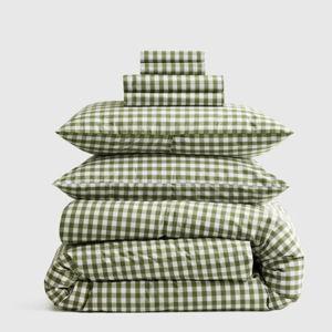 Classic Organic Percale Gingham Deluxe Bedding Bundle in Olive, Queen