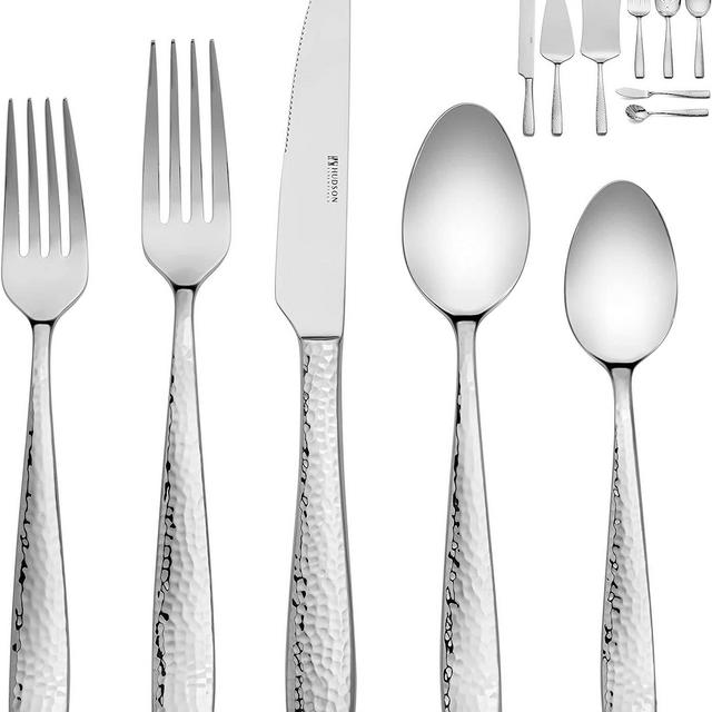Hudson Essentials 68-Piece Hammered 18/10 Stainless Steel Silverware Cutlery Set with Serving Set and Cake Knife, Flatware Service for 12