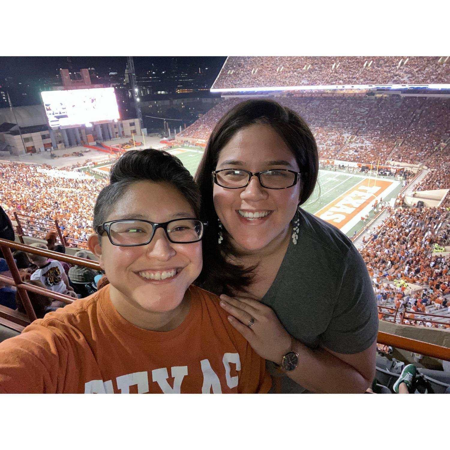 One of our first UT football games together. Joanna thought fans were throwing trash onto the field (when in fact it was the refs throwing flags). Joanna doesn't know a lot about football, obviously.