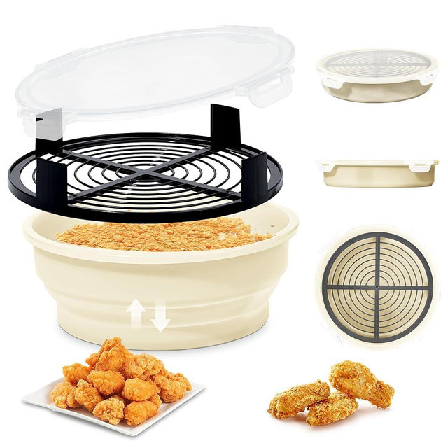 FJNATINH Collapsible Batter Bowl - Mess Free Better Breader Shaker Bowl with Lid Breading Shaker Container - Great for Fried Fish, Fried Chicken, Onion Rings, Wings,No Leak,Easy to Store,Cream White