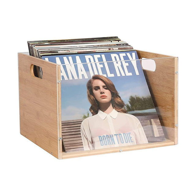 Record Album Storage Crate, Bamboo & Acrylic Vinyl ​Record Crate, Multifunctional Visible Record Holder Crate with Handle, Great for Storing Vinyl ​Record LP's/Albums Hanging Letter Size Folders Toy Clothes