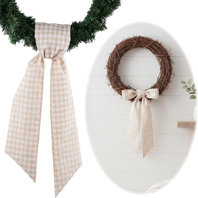 NUVCELKA Wreath Sash for Front Door Decorations, Khaki White Checkered Plaid Bow Ribbon for Holiday Christmas Wedding Farmhouse Home Decor, Rustic Door Wreath Accessories (5.12" x 54.33")