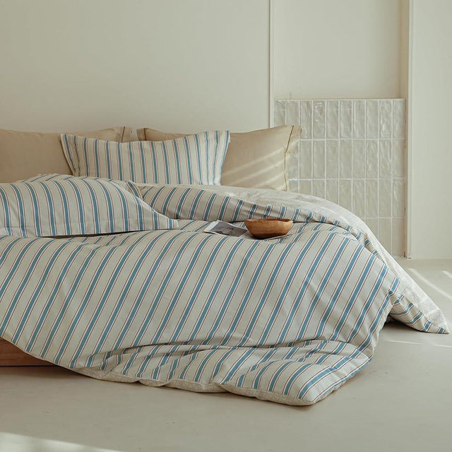 Solycoil Striped Duvet Cover Queen Size, 100% Natural Cotton Vintage Beige & Blue Pattern Printed Bedding Set, Soft Breathable Reversible Duvet Cover Set for All Season, 3 Pieces