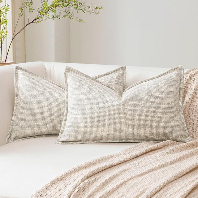 OTOSTAR Pack of 2 Beige Decorative Pillow Covers 16x24 Inch Soft Linen Texture Couch Throw Pillows Farmhouse Cushion Covers with Elegant Design for Sofa Bedroom Living Room Home Decor 40 x 60 CM