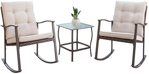 SOLAURA 3-Piece Outdoor Rocking Chair Brown Wicker Patio Bistro Sets, Front Porch Furniture with Beige Cushion, Two Patio Chairs with Glass Coffee Table