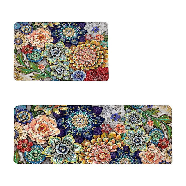 Colorful Boho Floral Kitchen Rugs Mats for Floor Bohemian Vintage Watercolor Flower Kitchen Rug Anti Fatigue Non Slip Cushioned Comfort Standing Mat, 17.3x28+17.3x47 inch