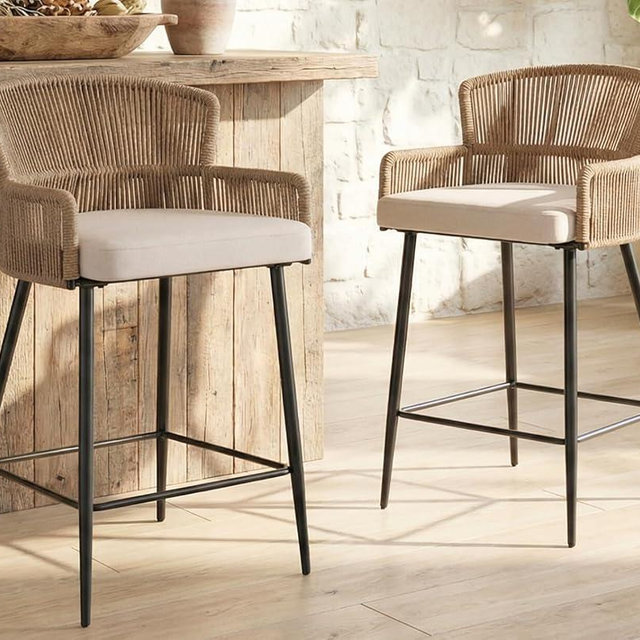 HNY Farmhouse Woven Bar Stools Set of 2, 26 Inch Linen Upholstered Rattan Barstools with Curved Backs, Modern Cane Counter Height Bar Chairs with Metal Legs and Armrest for Kitchen Island, Beige
