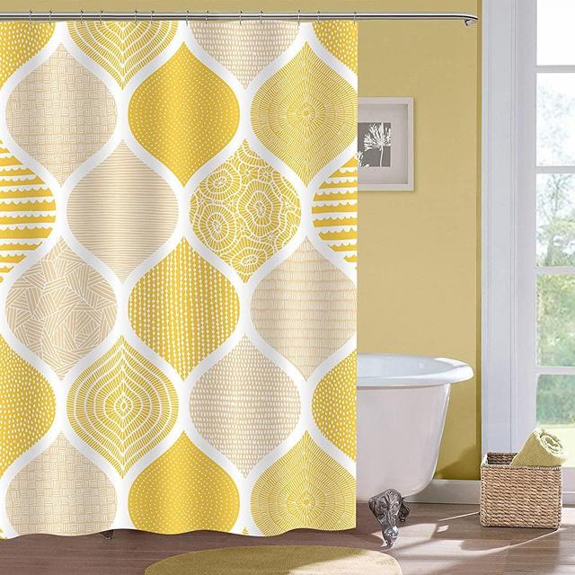 MitoVilla Yellow Boho Shower Curtain Set, Abstract Bohemian Shower Curtain Liner, Gold Leaf Standard Shower Curtain for White Bathroom Decor, Rose Yellow Geometric Fabric Shower Curtain, 72 x 72