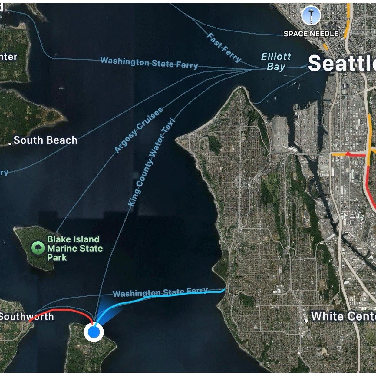 Route to Arrive to Vashon Island from Faunterloy. (Blue line)