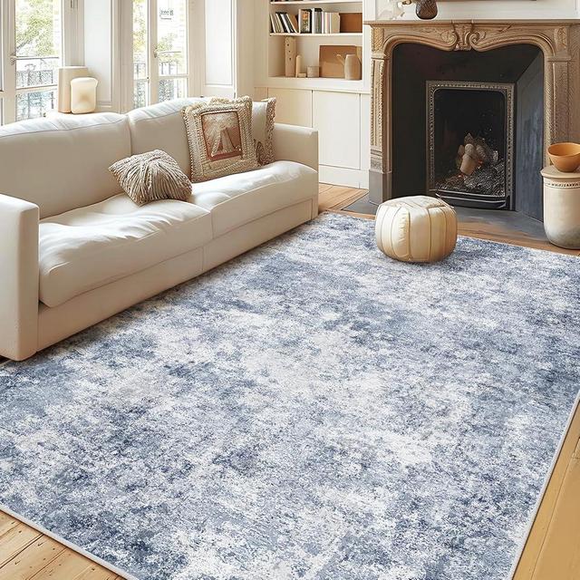 WITSHOCK Washable Rugs 8x10 Area Rugs for Living Room, Modern Abstract Soft Low Pile Retro Rugs for Bedroom, Dining Room, Large Non Slip Carpet Accent Rug for Farmhouse Office Home Decor, Blue