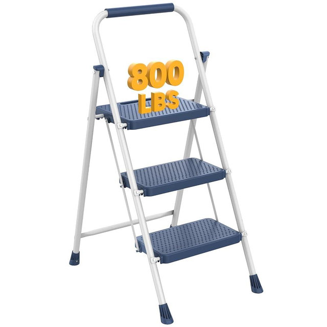 NEWBULIG 3 Step Ladder, Folding Step Stool with Safety Lock, Anti-Slip Design, Portable Foldable Ladder for Home Kitchen, Blue