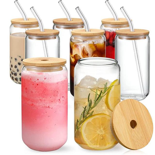 [ 8pcs Set ] Drinking Glasses with Bamboo Lids and Glass Straw - 16oz Can Shaped Glass Cups, Beer Glasses, Iced Coffee Glasses, Cute Tumbler Cup, Ideal for Cocktail, Whiskey, Gift - 2 Cleaning Brushes