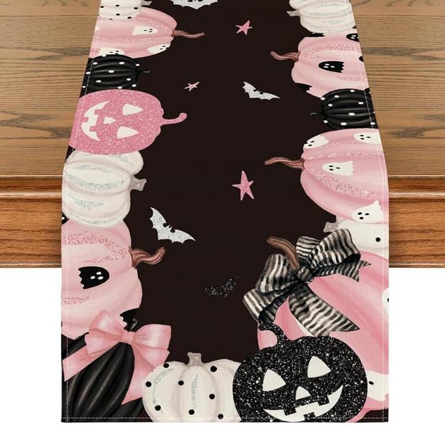 Artoid Mode Pink Jack-O-Lantern Pumpkin Bat Halloween Table Runner, Seasonal Kitchen Dining Table Decoration for Home Party Decor 13 x 72 Inch