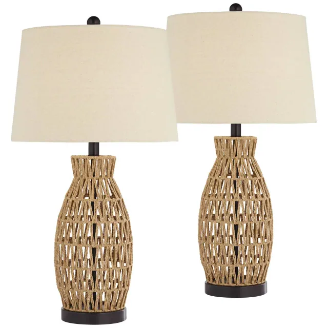 360 Lighting San Carlos Coastal Modern Table Lamps 29" Tall Set of 2 Natural Rattan Wicker Oatmeal Fabric Drum Shade for Bedroom Living Room Bedside