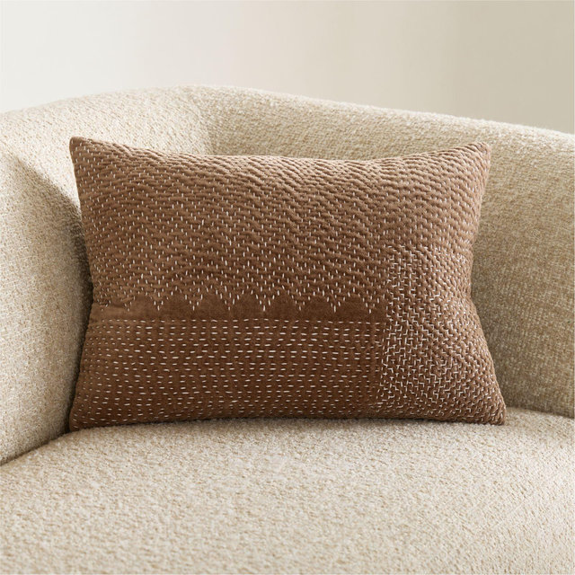 Sashiko Organic Cotton Velvet 22"x15" Chocolate Brown Throw Pillow Cover