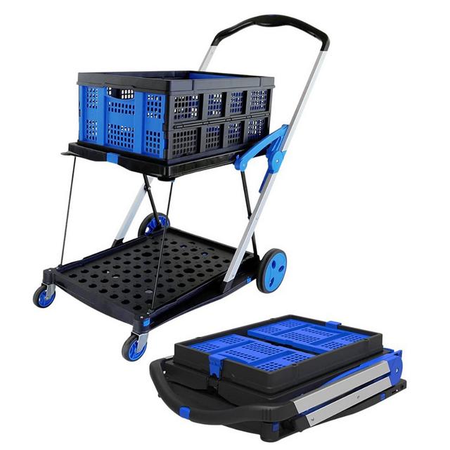 Magna Cart 2-Tier Foldable Shopping Hospitality Utility Push Cart w/ Collapsible Crate & Brake System for Commercial & Residential Use, Black/Blue