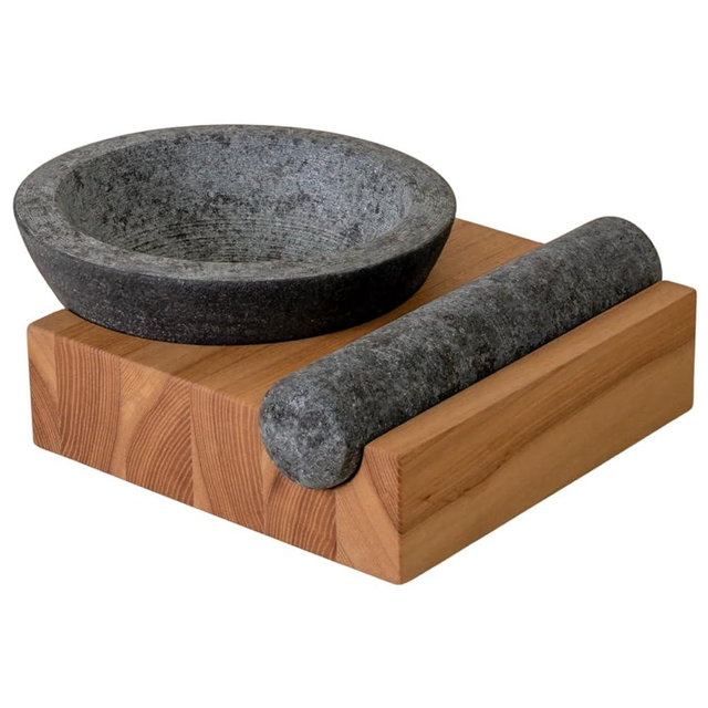 Holcomb Perch Mortar & Pestle Heavy Granite Stone Mortar & Pestle with Angled Ash Wood Base Handcrafted Modern Spice Crusher for Pesto, Herbs – Luxury Guacamole Bowl & Masher Home Kitchen Essentials