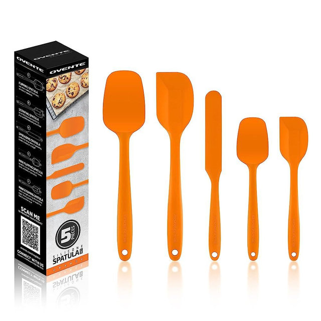 OVENTE Silicone Cooking Utensils Set - Food Grade Rubber Spatulas Silicone Heat Resistant w/ Stainless Steel Core & Seamless Design, Non Stick Rubber Spatula for Mixing, Baking & Cooking - 5pcs Orange