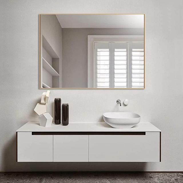 Bonverre 36 x 48 Inch Rectangle Wall Mirror, Aluminum Frame Rectangular Mirror for Bathroom, Vanity, Bedroom, Living Room, Entryway, Wall Mounted Horizontal or Vertical, Gold