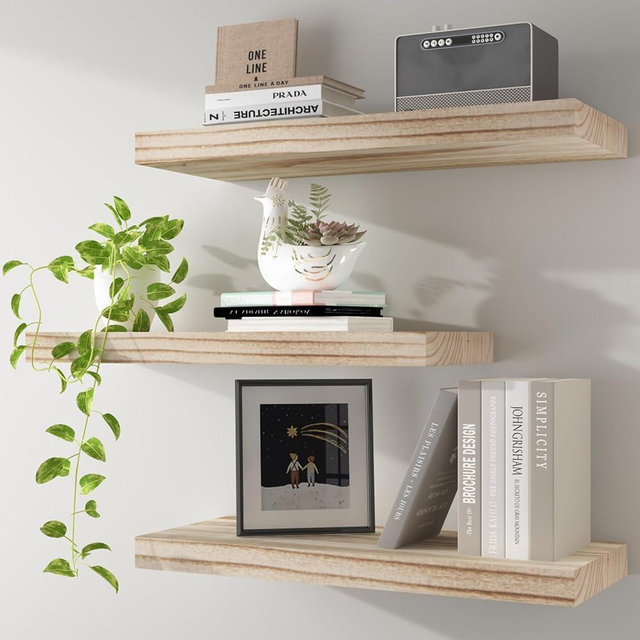 Kultilanda Floating Shelves Wall Shelf Solid Wood Mounted Storage for Bedroom Living Room Set of 3, Rustic Torched Wall Shelves