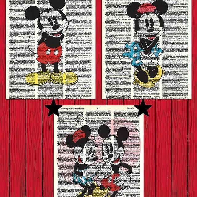 Vintage Disney Wall Art Set of (3) Mickey Mouse Minnie Mouse Dictionary Art Prints 8x10(UNFRAMED)