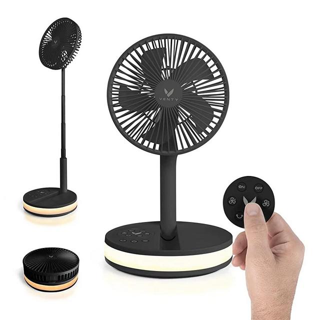 Original VENTY Portable Fan - Wireless Battery Operated Fan With 4 Speeds, Remote Control, Oscillation, & LED Lighting, Travel Rechargeable Fan & Power Bank USB-C Ports, Camping Fan (Black with Case)