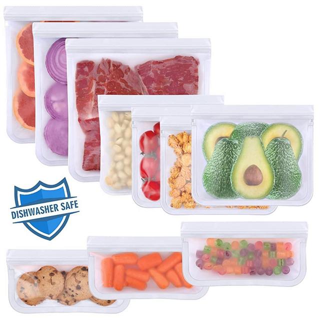 10 Pack Dishwasher Safe Reusable Ziplock Bags Silicone, Leakproof Reusable Freezer Bags, BPA Free Reusable Storage Bags for Lunch Marinate Food Travel (White) - 3 Gallon 4 Sandwich 3 Snack Bags