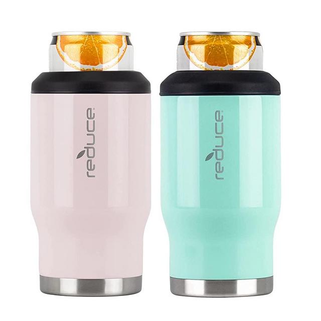 Reduce Can Cooler – 4-in-1 Stainless Steel Can Holder & Beer Bottle Holder, 4 Hours Cold – The Drink Cooler For 12oz Slim Cans, Regular Cans, Bottles & Mixed Drinks – Pink Cotton & Mint, Opaque Gloss