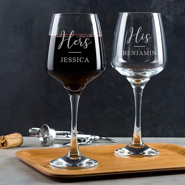 Personalized His and Hers Wine Glass Set - Engagement Wedding Anniversary Gift - Wedding Gifts for the Couple - Engraved 14oz Pair of Glasses