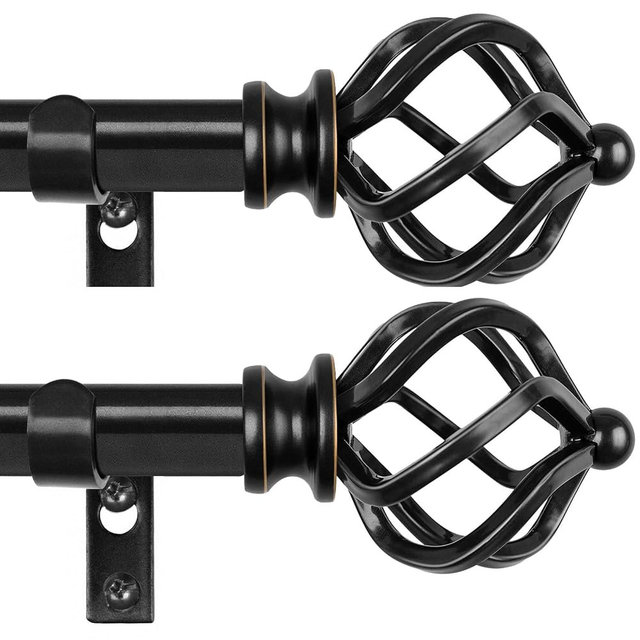 KAMANINA 2 Pack Curtain Rods 32 to 86 Inches (2.6-7.1ft), 3/4 Inch Black Curtain Rods for Windows Splicing Adjustable Single Drapery Rod with Twisted Cage Finial, for Indoor and Outdoor