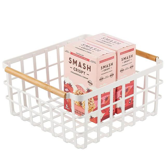 mDesign Farmhouse Metal Wire Food Organizer Storage Bin Basket with Bamboo Handles for Kitchen Cabinets/Pantry - Store Fruit, Coffee, Spices, Baking Supplies, 12" Wide - Matte White/Natural