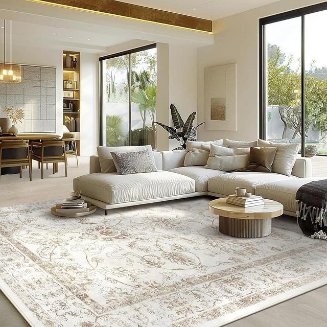 Madane 8x10 Area Rugs for Living Room, Machine Washable Vintage Rug with Anti-Slip Backing, Soft Floral Print Large Rugs, Foldable Thin Area Rug for Bedroom Dining Room (8 x 10, Brown/Ivory)