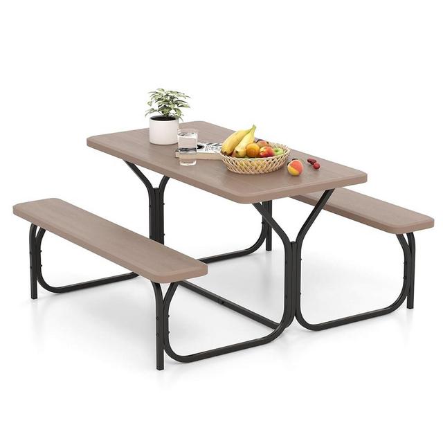 Giantex Picnic Table Bench Set Outdoor Camping All Weather Metal Base Wood-Like Texture Backyard Poolside Dining Party Garden Patio Lawn Deck Furniture Large Camping Picnic Tables for Adult