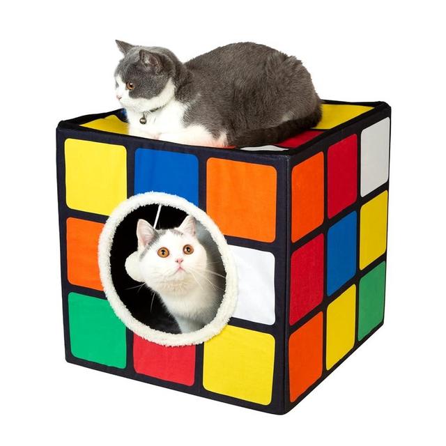 LUCKITTY Cat Condo House with Reversible Cushions and Fluffy Ball Hanging, Foldable Magic Cube, Large Cave Bed for Indoor Cats, Unique Puzzle Shape Lagre 16.5“ x 16.5" x 16.5”