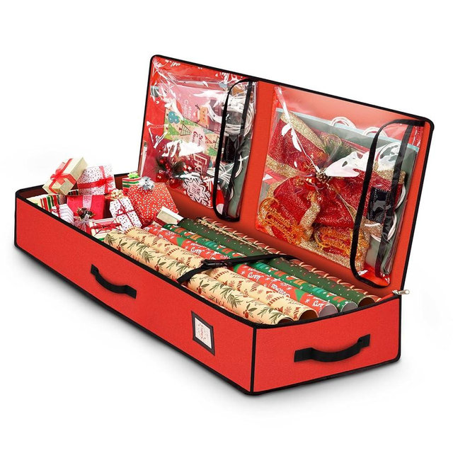 HikooLSS Wrapping Paper Organizer Storage Container 600D Heavy Duty Tear Proof for Holiday Christmas Gift Wrapping Storage with Flexible Partitions Storage Container for Ribbon, Accessories (Red)