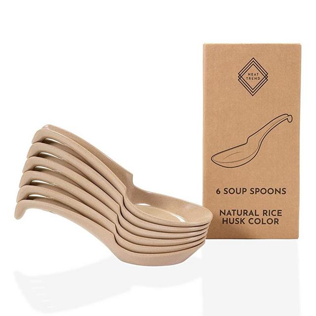 Soup Spoons with Hook for Ramen Pho Asian Food, Set of 6, Made of Rice Husk