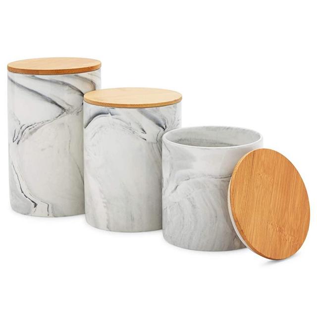 Marble Kitchen Canisters with Bamboo Lids, White Ceramic (3 Sizes, 3 Pack)