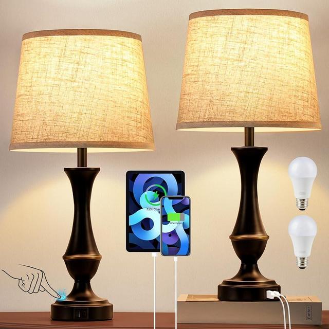 Upgraded Touch Lamps for Bedrooms Set of 2 - Nightstand Table Lamp with USB C+A, 3 Way Dimmable Bedside Lamps for Living Room End Tables, Farmhouse Night Stand Lamps for Office(Bulb Included)