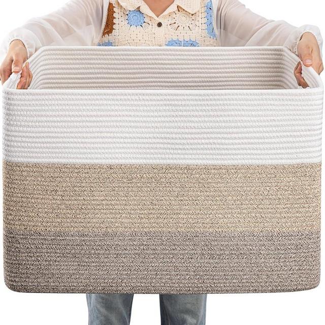 OIAHOMY Large Cotton Rope Basket, Rectangle Woven Baskets for Storage, Nursery Blanket Basket Living Room, Toy Basket With Handle, Baskets for Organizing-24.8”x15.7”x15.7”-Gradient Yellow