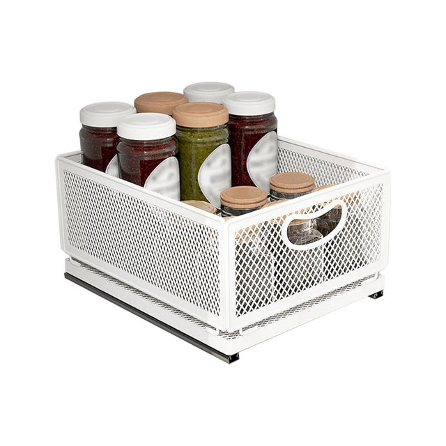ULIKEUS Sliding Cabinet Basket Organizer Drawer Self Adhesive Slide out Pantry Shelves Heavy Duty Carbon Steel Slide Cabinet Storage Basket with Handle for Bathroom Kitchen Home