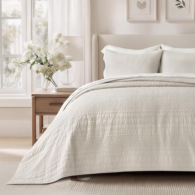 EVERGRACEHOME 100% Cotton Modern Lines Quilt Set Oversized Cal King, Pre-Washed Soft Striped Coverlet Bedspread, 3 Piece Lightweight Bedding Set for All Season, with 2 Pillow Shams, Birch