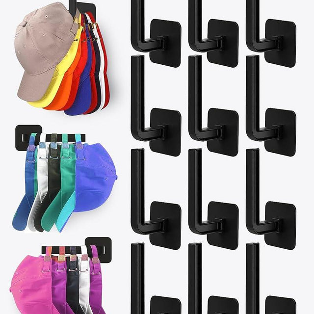 Sunfanie Hat Rack for Hat Storage (12-Pack), Multi-Purpose Hat Organizer, Strong Adhesive Hat Hooks for Wall Hat Organizer for Baseball Caps, Two Mounting Options Hat Hook, Black