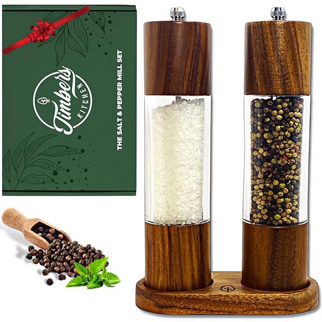 Wooden Salt And Pepper Grinder Set - Stylish Salt And Pepper Mill Set For The Family - Large Pepper Shaker Set With Wooden Tray - Acacia Wood Pepper Grinder Set For Kitchen Table - Timbers Kitchen