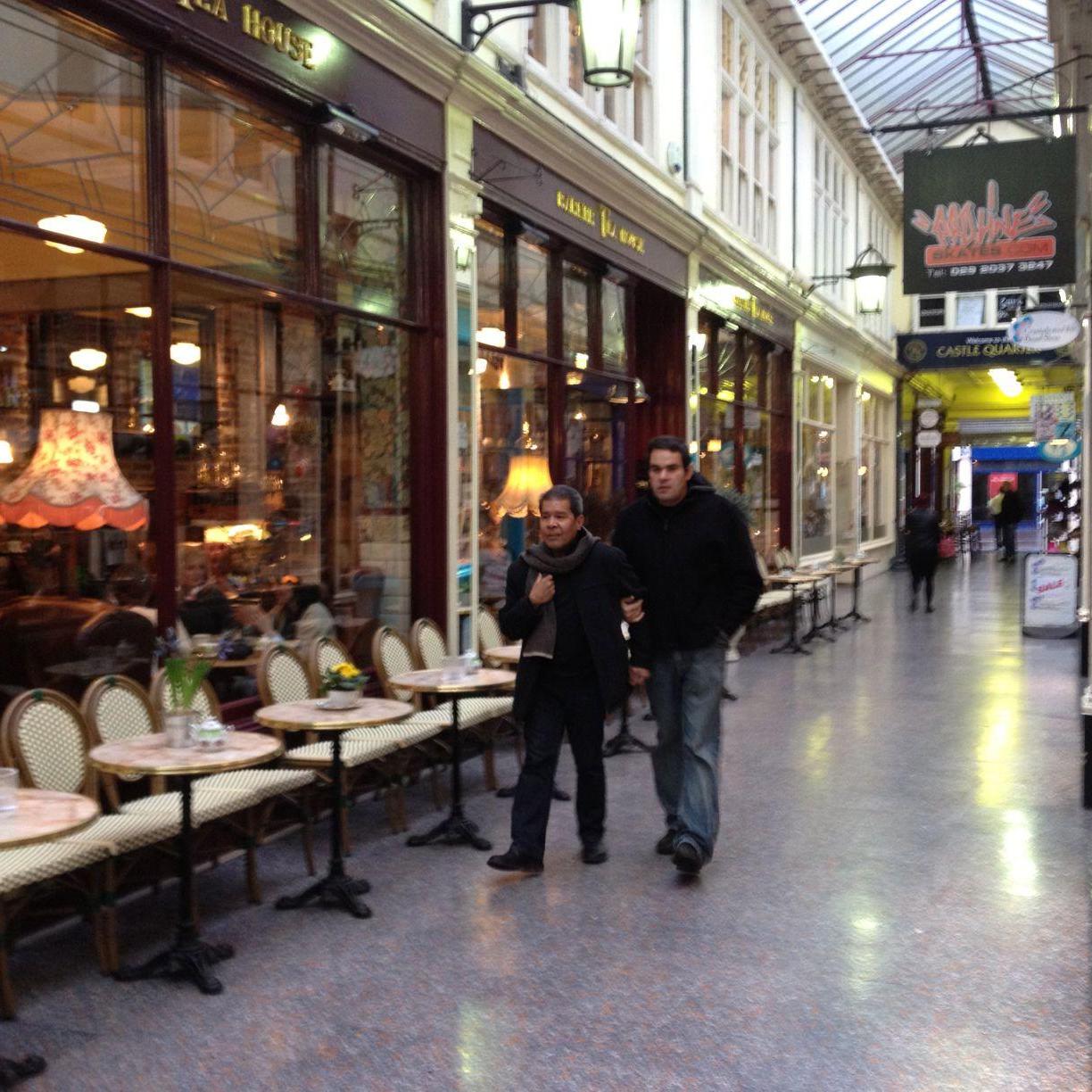 Nonchlantly walking through a Cardiff shopping mall