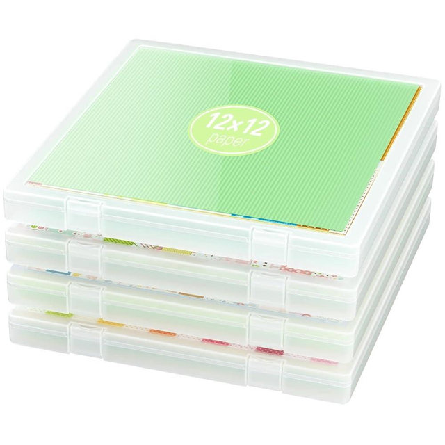 iBune 4-Pack Craft Organizers and Storage, Art Supply Organizer with Secure Lid, Clear Stackable Plastic Storage for Puzzle, Board Game, Photo, 12 x12 Paper, Inner Size 12.2" x 12.2" x 0.85"