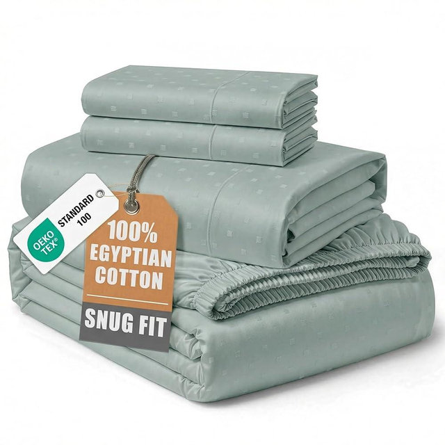 100% Egyptian Cotton Sheets King Size– Silky Sateen Weave for All Season Comfort, 15" Deep Pocket King Sheet Set, OEKO-TEX Certified, Fade Resistant, Durable Hotel Comfort at Home -Swiss Dot Mineral